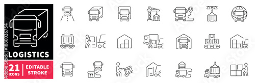 Logistics icons set. editable line icons, outline, warehouse and transport symbols