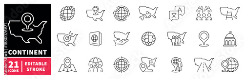 Continent icons set. editable line icons, linear, geographic, map symbols