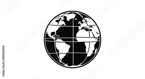 A striking black and white depiction of the earth showcasing continental shapes and gridlines as a bold silhouette high quality professional