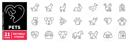 Pets icons set. editable line icons, outline, animal and domestic companion symbols