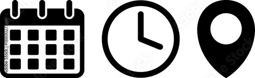 Business icon set with calendar, clock, and location pin vector illustration isolated on white background