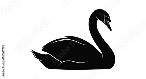 A striking depiction of a graceful swan with its neck elegantly curved presented as a bold black form silhouette high quality