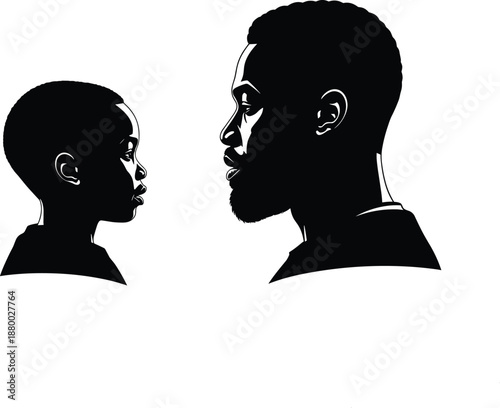 Father and son side profile silhouette illustration, African American man and boy looking at each other, family bonding, mentorship and parenthood concept,