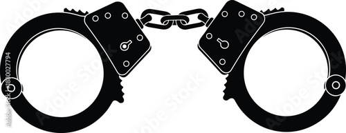 Minimalist Black Silhouette Illustration of Metal Handcuffs with Chain Links Isolated on White Background for Law Enforcement Justice Crime and Punishment Vector Concept