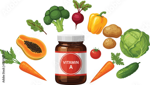 Vitamin A supplement bottle with healthy vegetables and fruits, nutrition diet concept illustration, natural food sources isolated on white
