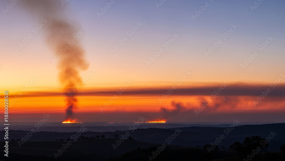 Obraz premium Dramatic sunset illuminates distant wildfires, with plumes of smoke rising against the vibrant orange and yellow sky, depicting an environmental crisis