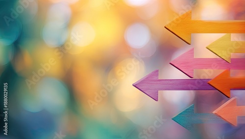Brightly colored arrows point forward against a soft, blurred background