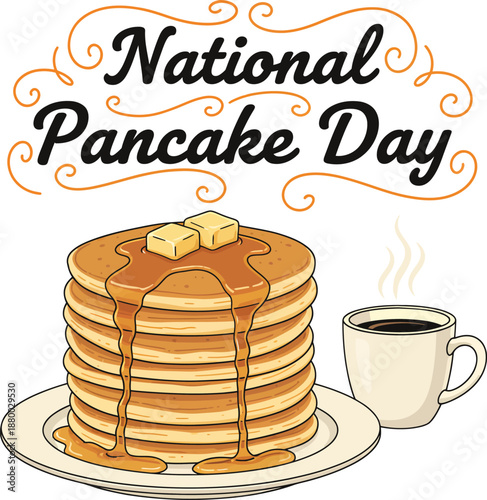 National pancake day celebration with stack of pancakes and coffee cup illustration