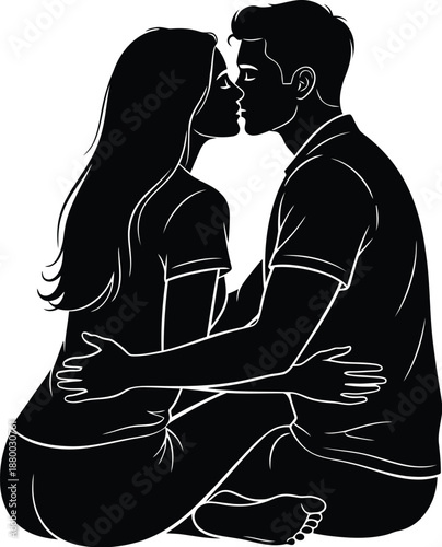 Intimate silhouette illustration depicting a romantic couple embracing closely while sharing a tender kiss in a quiet moment of deep affection and connection symbolizing true love.