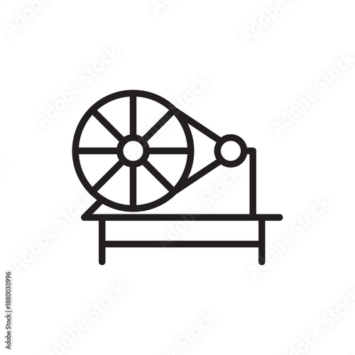 Spinning wheel icon symbolizing textile manufacturing and traditional craft, representing yarn production, fiber spinning machinery, garment history, apparel engineering, and mechanical weaving tools.