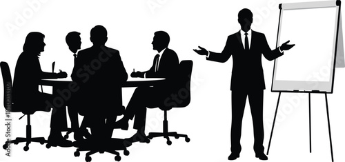 Business meeting circle silhouette with leader presenting to team, corporate training discussion concept isolated on white background