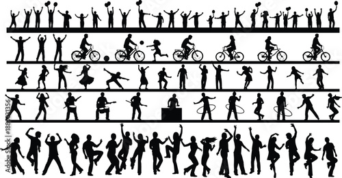 Collection of people silhouettes doing activities, dancing, sports, cycling and celebrating on horizontal banner set isolated on white