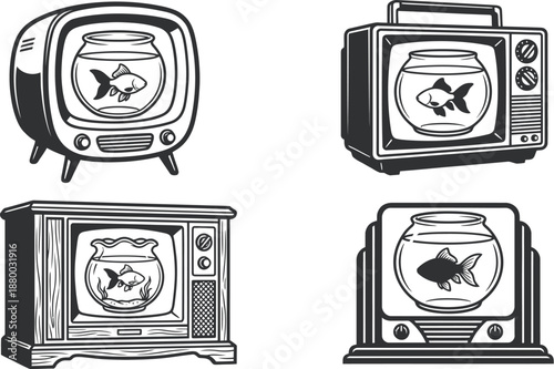 Vintage television set with goldfish bowl screen illustration vector