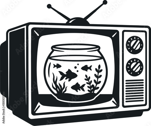 Vintage television set with goldfish bowl screen illustration vector