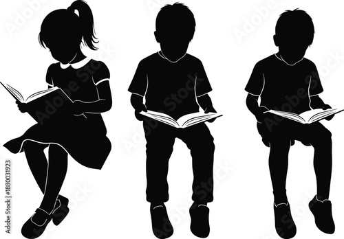 Children reading books silhouette set with boys and girl studying, education concept for school, learning and literacy development