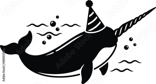 Narwhal wearing a festive party hat swimming underwater vector
