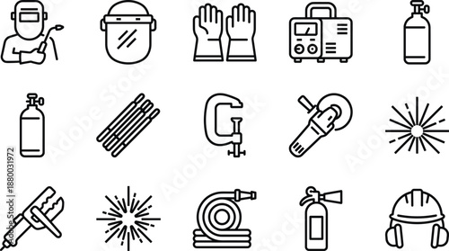 Welding safety equipment icons set with torch, helmet, gloves, gas cylinder, grinder, extinguisher, industrial process vector illustrations