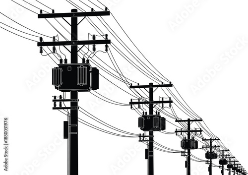 Electric power poles and transformer silhouettes with overhead transmission lines isolated on white background, energy infrastructure illustration