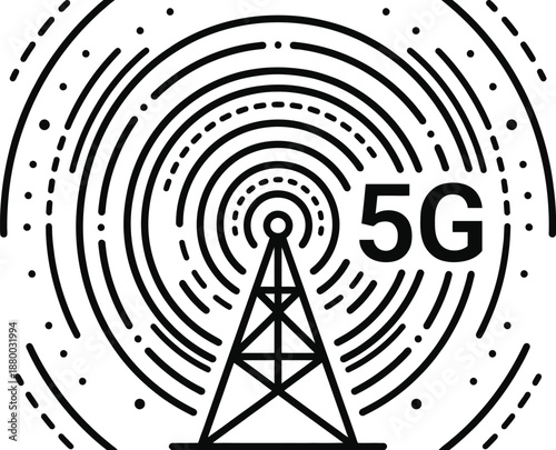 Telecommunication tower emitting 5G signal waves vector illustration
