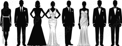 Elegant formal fashion silhouettes of men in tuxedos and women in evening gowns, luxury event dress code illustration set
