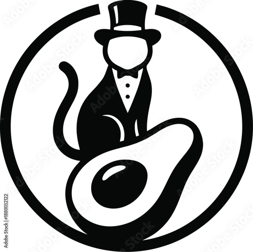 Cat in tuxedo riding a giant floating avocado fruit