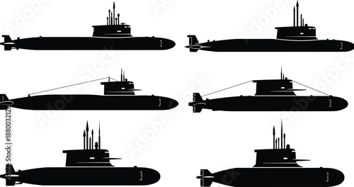 Set of military submarine silhouettes collection isolated on white background, naval underwater warship vector illustration for defense design
