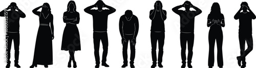 Set of stressed people silhouettes in different poses, anxiety and depression concept, mental health illustration isolated on white background