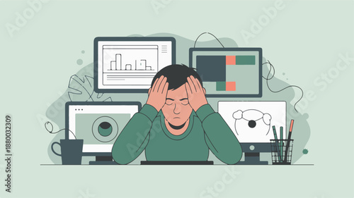 A man experiencing digital fatigue syndrome while working on multiple computer screens with various graphic designs and charts