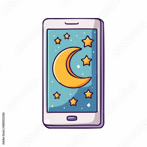 Cartoon Smartphone with Crescent Moon and Stars Night Sky Screen