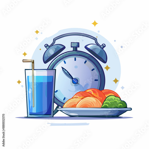 Healthy Meal Timing Concept with Alarm Clock and Nutritious Food