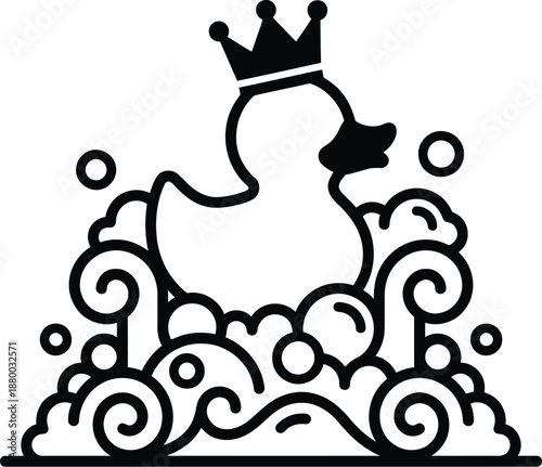 Rubber duck wearing gold crown sitting on bubble throne