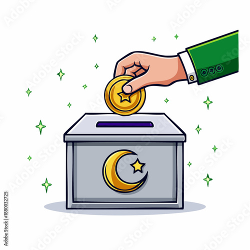 Islamic Charity Donation Box with Hand and Gold Coin Illustration