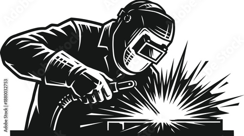 Welding worker illustration with protective helmet, gloves, sparks, industrial safety equipment, torch, metal fabrication vector icons