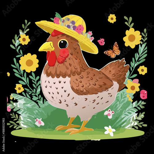 Brown chicken character wearing yellow hat in garden for farm life and agriculture nature theme art illustration
