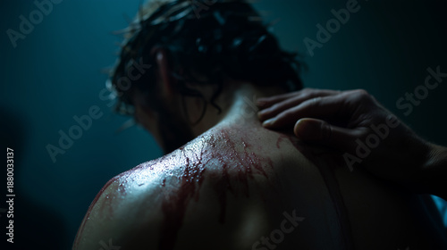 Jesus wounded back with blood sweat and human hand touching his shoulder during the flagellation in dark blue light.
