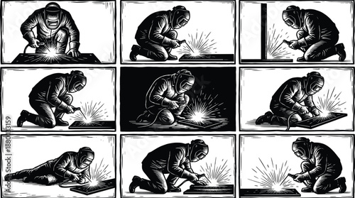 Welding activities illustration set with workers, helmets, gloves, sparks, kneeling, crouching, lying positions, industrial safety vector icons