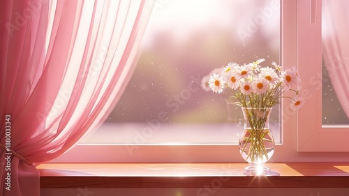 Soft pink curtains frame a vase of delicate daisies bathed in gentle morning sunlight near a window.