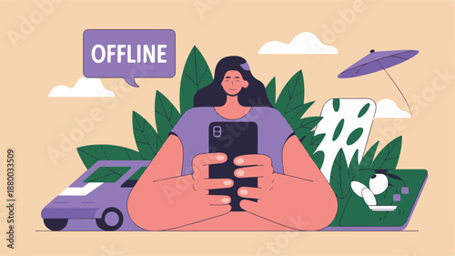 Luxury lifestyle concept illustration of a person relaxing offline with a mobile device in a serene outdoor setting from a frontal viewpoint