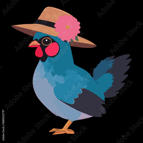 Blue hen wearing a pink hat with red flowers animal illustration for creative animal mascot design projects