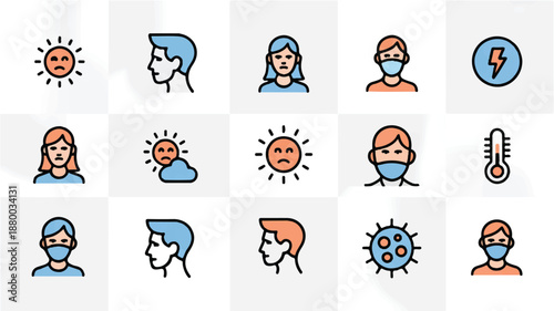 Line icons of people wearing masks and Covid19 pandemic symptoms