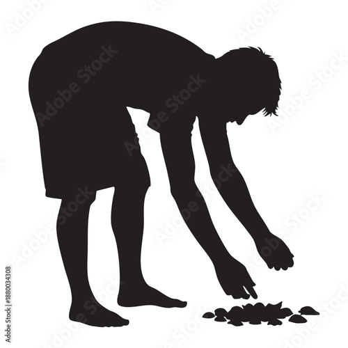 Curious child silhouette bending down collecting seashells on beach shore finding treasures summer vacation leisure activity vector illustration discovery nature black graphic