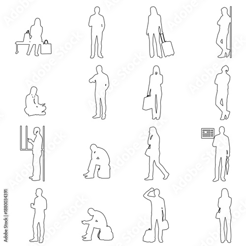 Set of 24 outline people figures in different everyday and travel situations. Includes standing, sitting, walking, waiting, bending and carrying bags or suitcases.