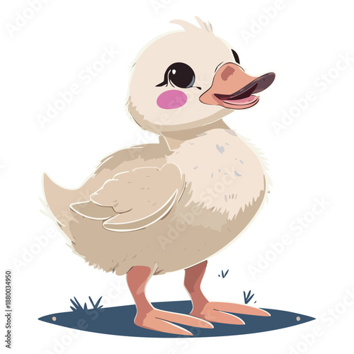 Cute White Animal Duckling Character Standing Firmly In The Flower Garden With Soft Pink Sky Circle