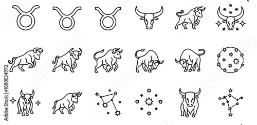 Taurus Zodiac Bull Constellation Icon Set Outline Vector Bundle
