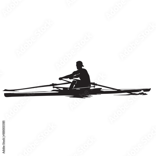 Rowing Scull Silhouette Athlete in Racing Boat Intense Water Sport Activity Dynamic Rower in Action Black and White Vector