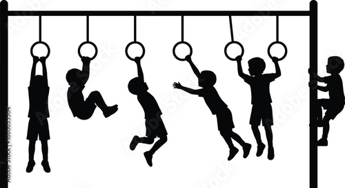 Children playing and swinging on playground rings in silhouette, climbing and hanging with energy, outdoor exercise developing balance, strength, coordination, teamwork,active healthy fun for kids.