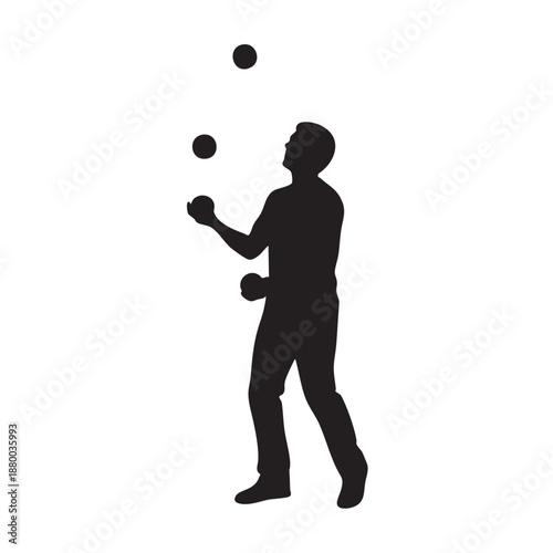 Silhouette man juggling three balls in performance. Person demonstrating skill and coordination, tossing multiple spheres in the air with fluid motion.