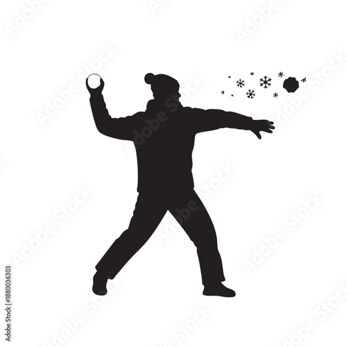 Man throwing snowball winter sport activity black vector silhouette illustration isolated white background outdoor fun frosty weather