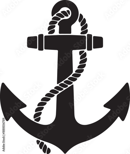 Black and white anchor symbol with rope nautical