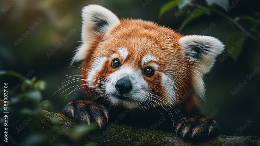 Obraz premium Curious red panda peeking from lush green foliage with gentle eyes